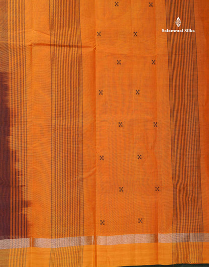 Handloom Pure Cotton Saree - Dark Brown Colour Body With Contrast Mustard Yellow Blouse