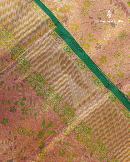 Beautiful Pink Tissue Bridal Pure Kanjivaram Silk Saree With Contrast Green Fancy Evening Morning Border