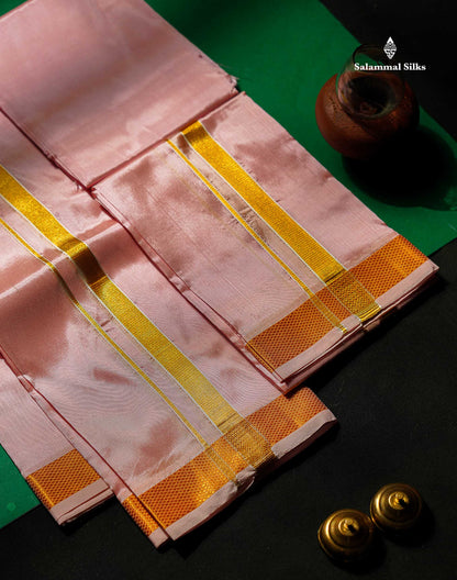 Baby Pink Semi Silk Dhoti, Angavastram & Shirt (2.50M) with Gold Zari Border