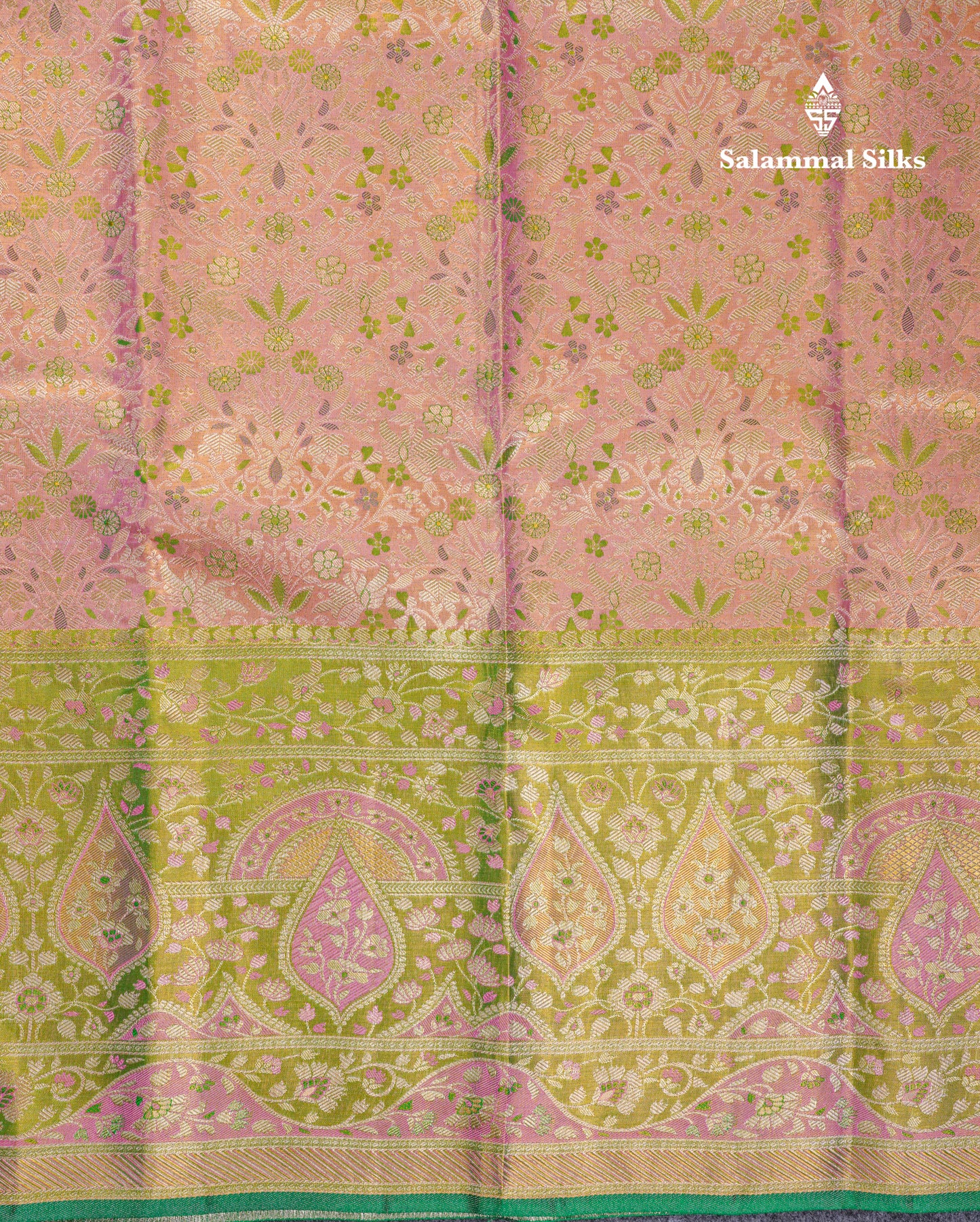 Beautiful Pink Tissue Bridal Pure Kanjivaram Silk Saree With Contrast Green Fancy Evening Morning Border