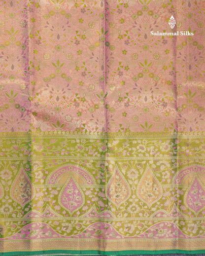 Beautiful Pink Tissue Bridal Pure Kanjivaram Silk Saree With Contrast Green Fancy Evening Morning Border
