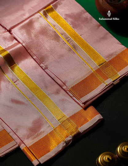 Baby Pink Semi Silk Dhoti, Angavastram & Shirt (2.50M) with Gold Zari Border