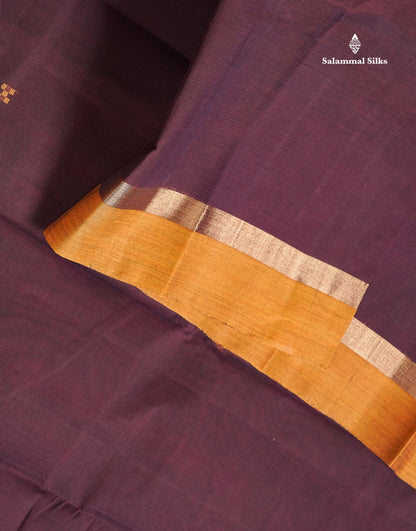 Handloom Pure Cotton Saree - Dark Brown Colour Body With Contrast Mustard Yellow Blouse
