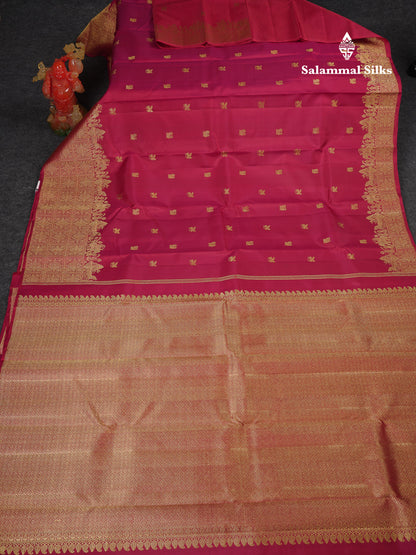 Beautiful Redish Magenta Pure Kanjivaram Silk Saree With Traditional Evening Morning Border