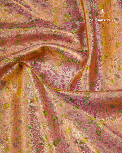 Beautiful Pink Tissue Bridal Pure Kanjivaram Silk Saree With Contrast Green Fancy Evening Morning Border