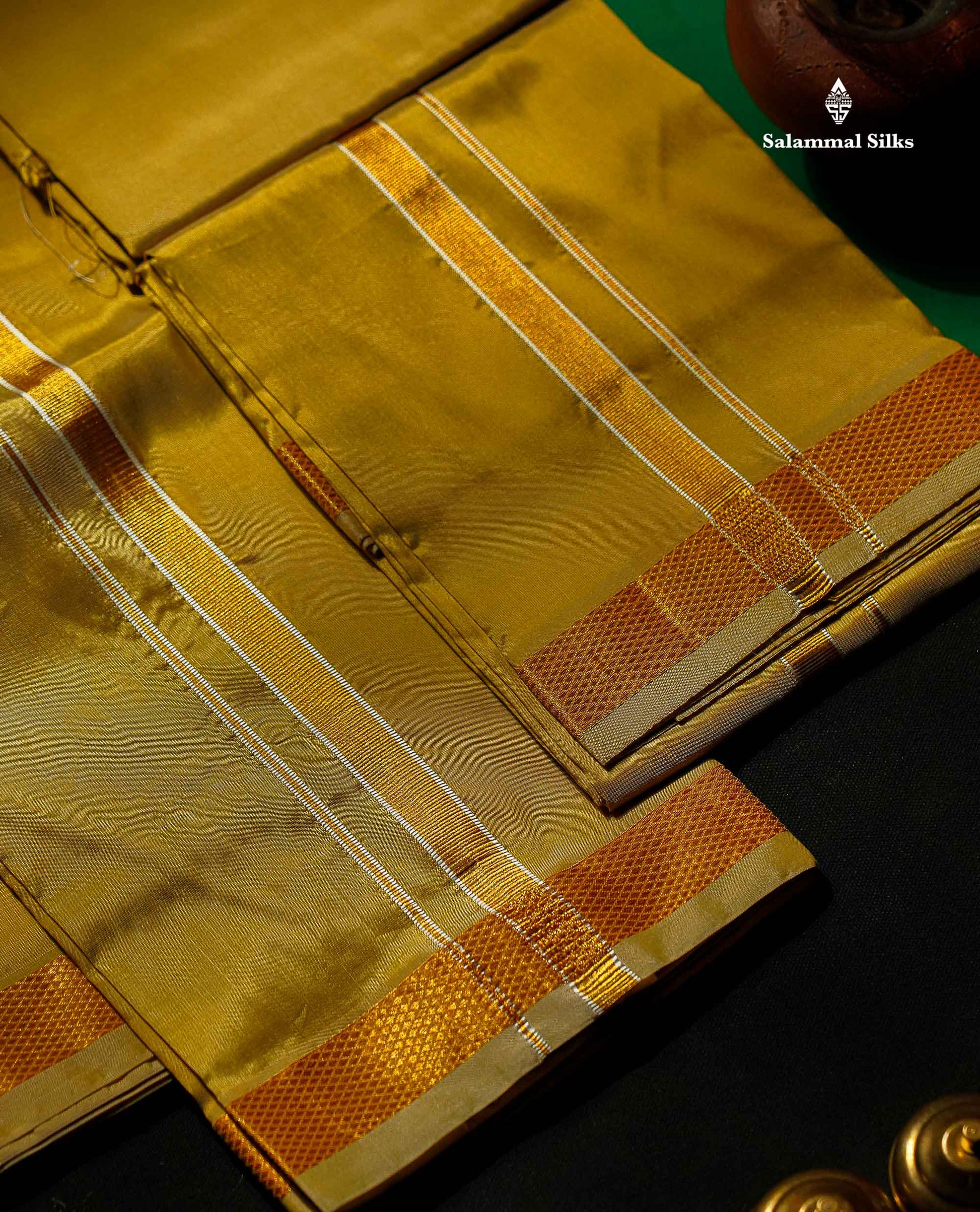 Mustard Gold Puremix Dhoti, Angavastram & Shirt (2.50M) with Gold Zari Border