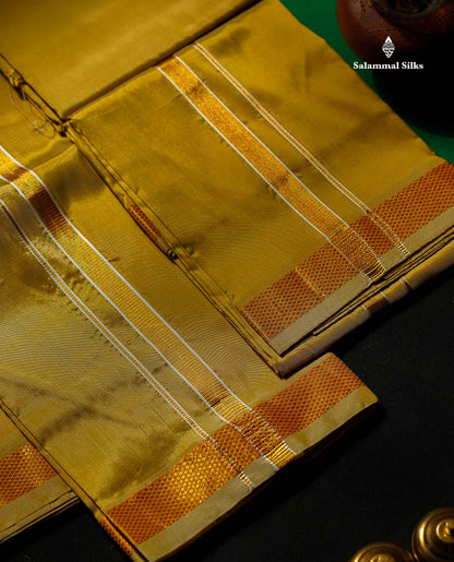 Mustard Gold Puremix Dhoti, Angavastram & Shirt (2.50M) with Gold Zari Border