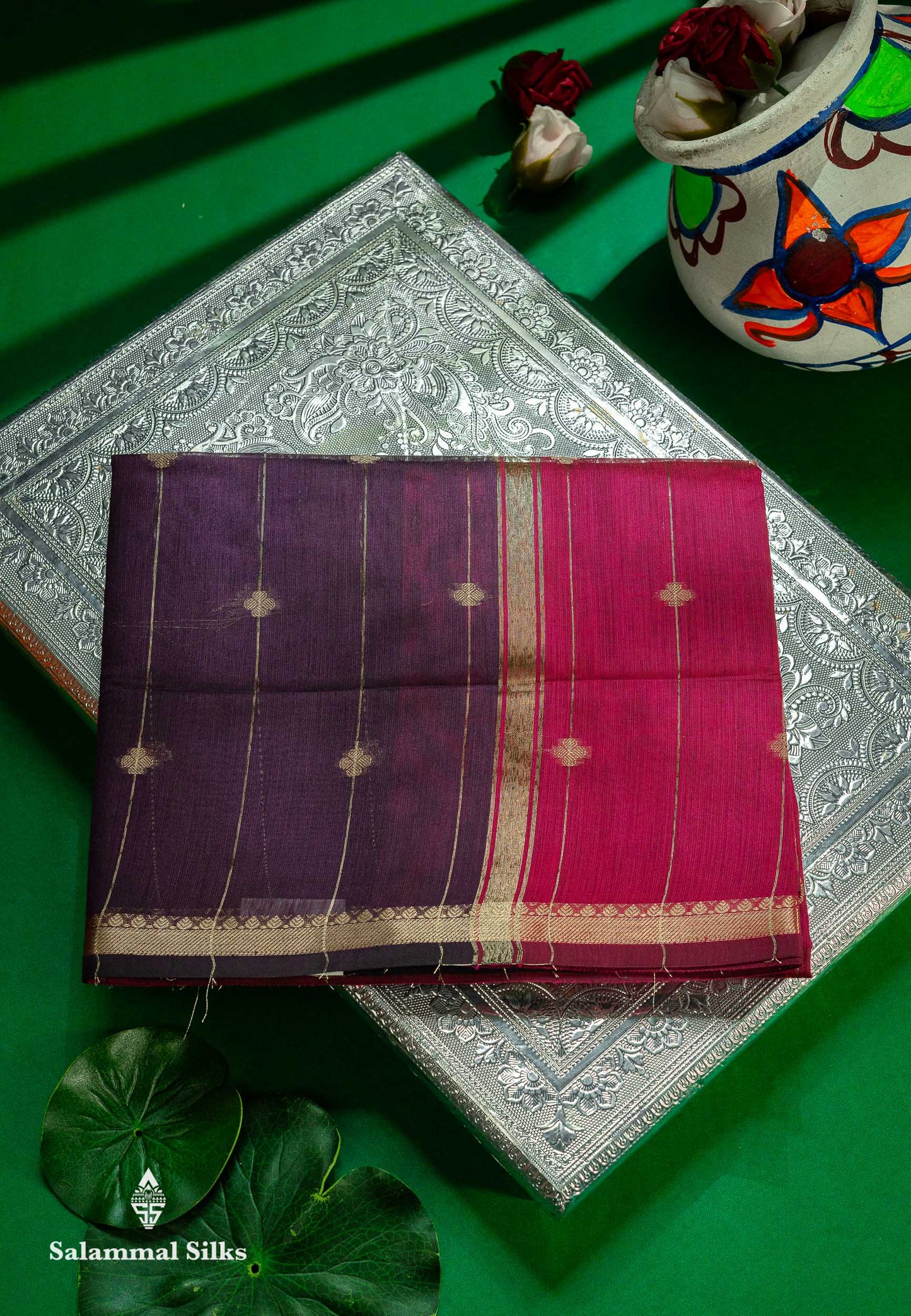 Beautiful Light Grey Stripes With Butta Maheshwar Cotton Saree With Contrast Black Blouse