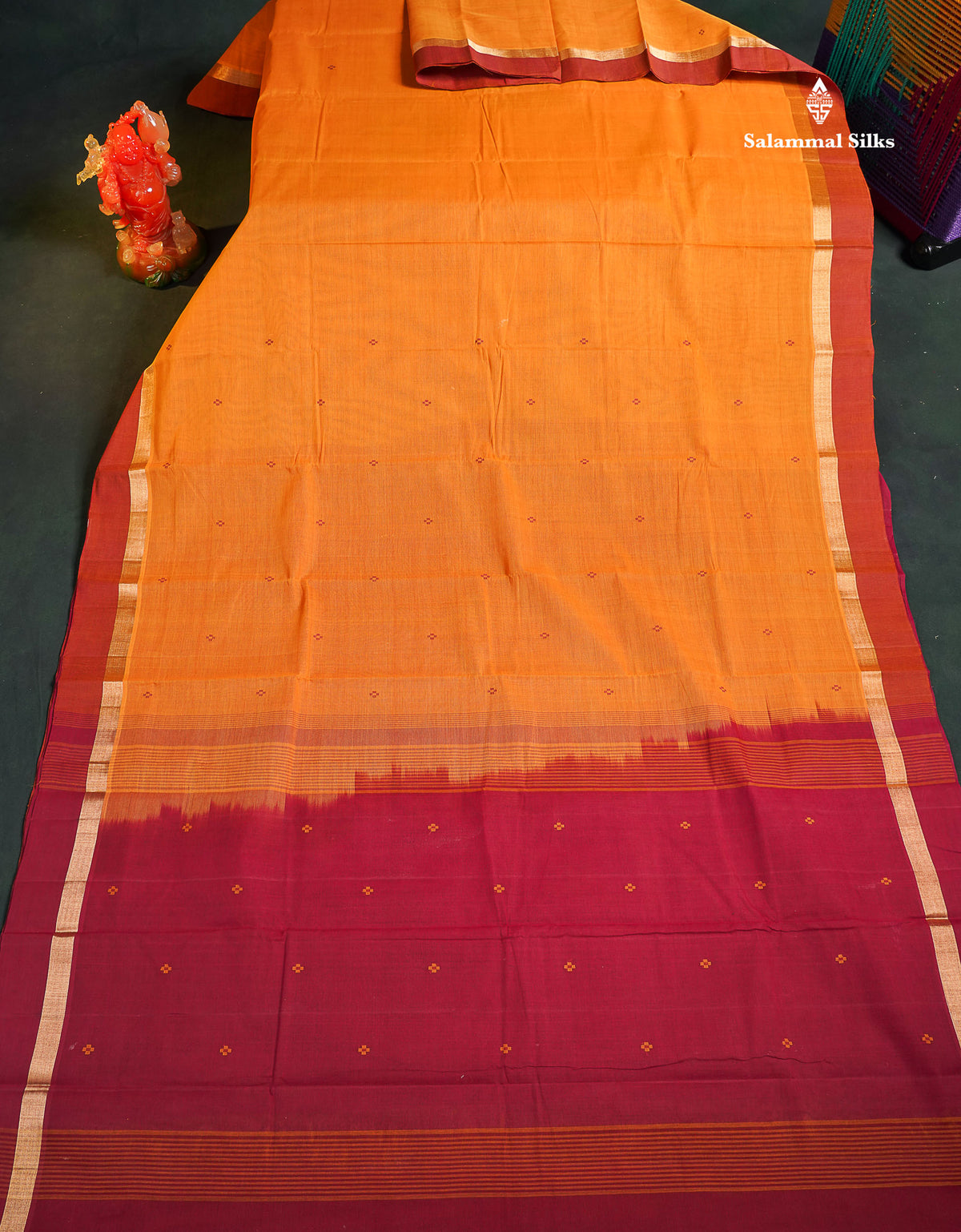 Handloom Pure Cotton Saree -  Mustard Yellow Colour Body With Contrast Redish Maroon Blouse