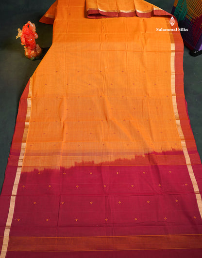 Handloom Pure Cotton Saree -  Mustard Yellow Colour Body With Contrast Redish Maroon Blouse