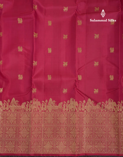 Beautiful Redish Magenta Pure Kanjivaram Silk Saree With Traditional Evening Morning Border