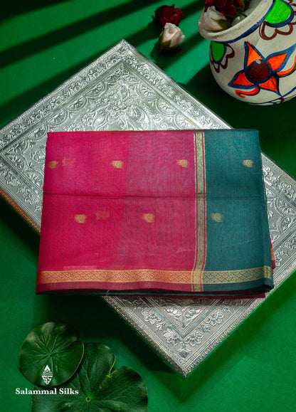 Beautiful Black Zari Butta Maheshwar Cotton Saree With Contrast Dual Tone Brown Blouse