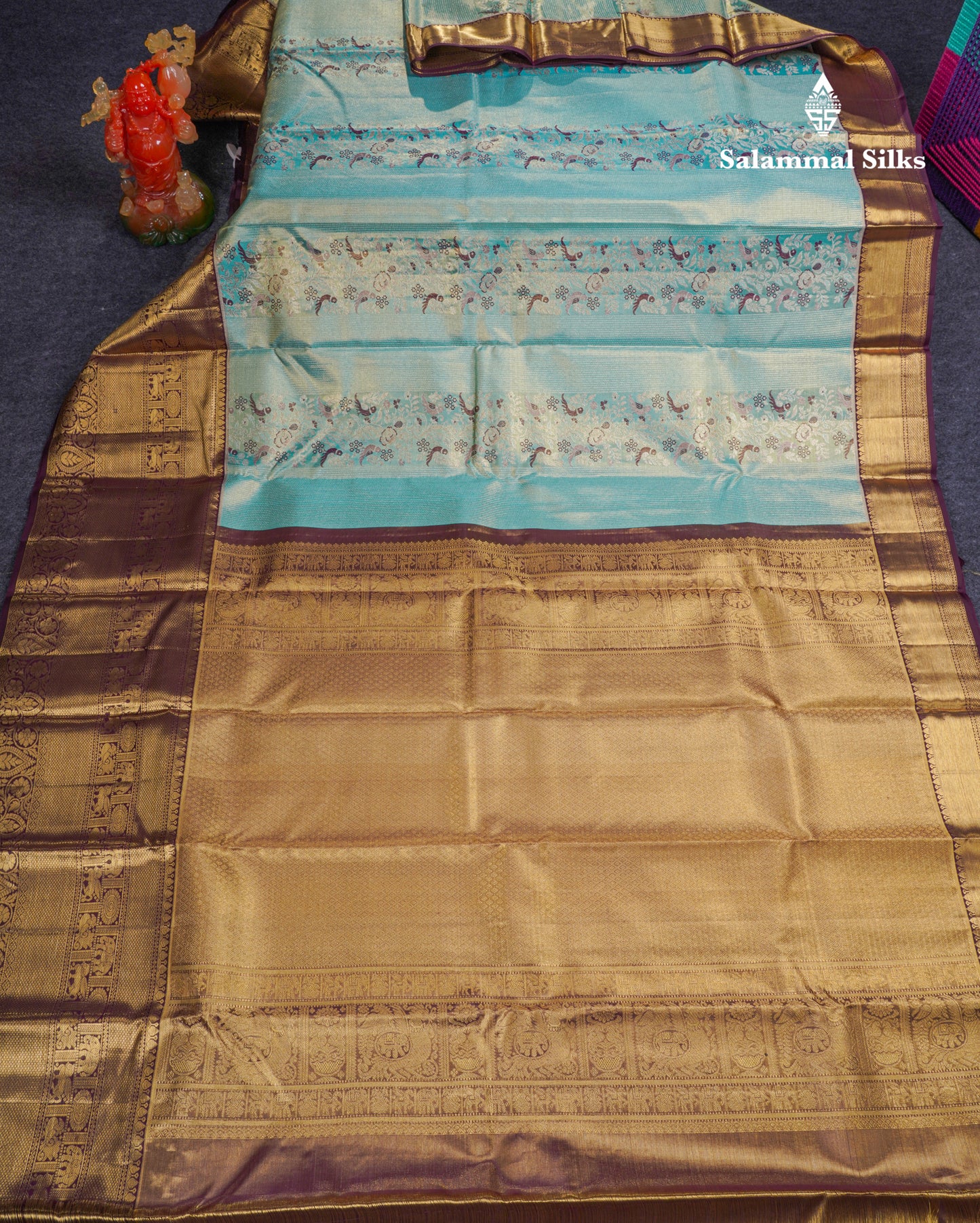 Beautiful Pastel Blue Tissue Menakari Work Bridal Pure Kanjivaram Silk Saree With Contrast Dark Violet Traditional Border