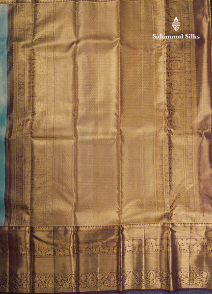 Beautiful Pastel Blue Tissue Menakari Work Bridal Pure Kanjivaram Silk Saree With Contrast Dark Violet Traditional Border