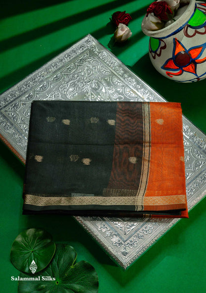 Beautiful Black Zari Butta Maheshwar Cotton Saree With Contrast Dual Tone Brown Blouse