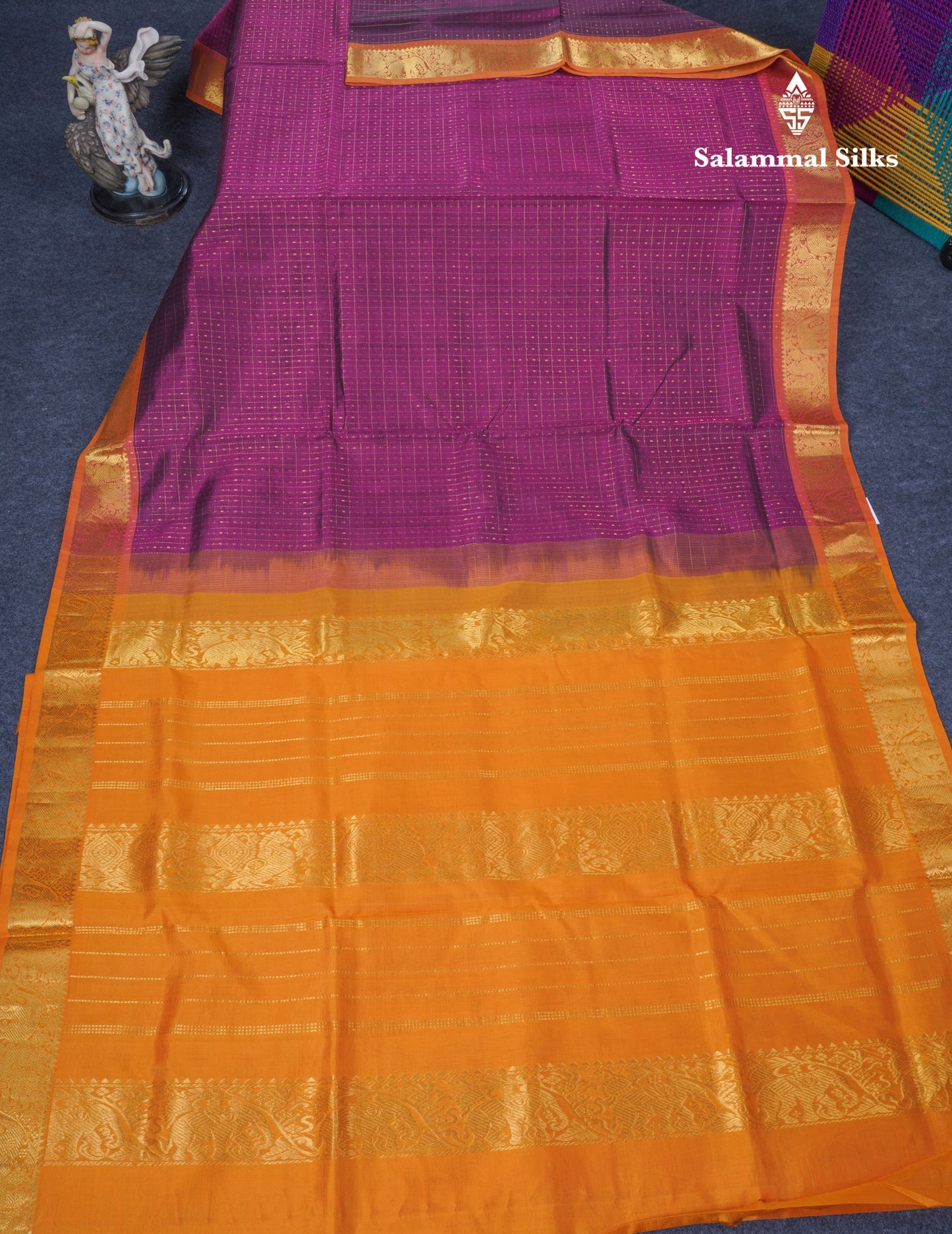 Magenta Lakshadeepam Pure Silk Cotton Saree With Contrast Mustard Yellow Blouse