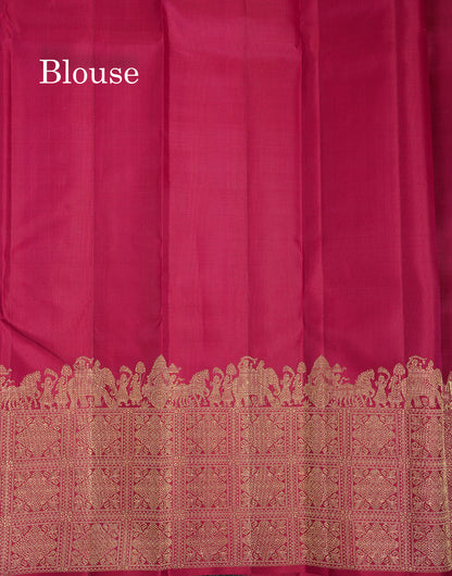 Beautiful Redish Magenta Pure Kanjivaram Silk Saree With Traditional Evening Morning Border