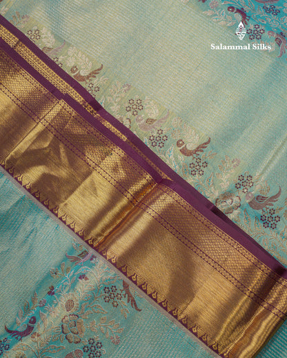 Beautiful Pastel Blue Tissue Menakari Work Bridal Pure Kanjivaram Silk Saree With Contrast Dark Violet Traditional Border