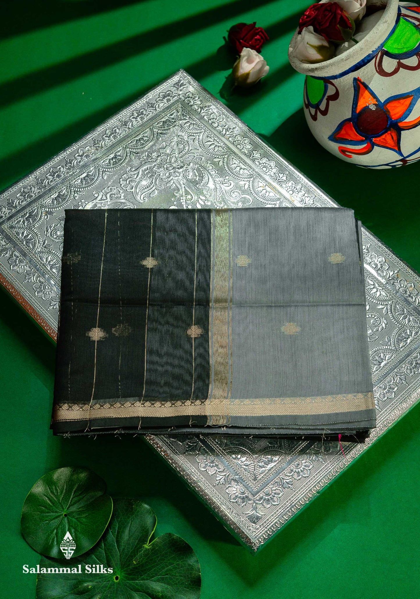 Beautiful Light Grey Stripes With Butta Maheshwar Cotton Saree With Contrast Black Blouse