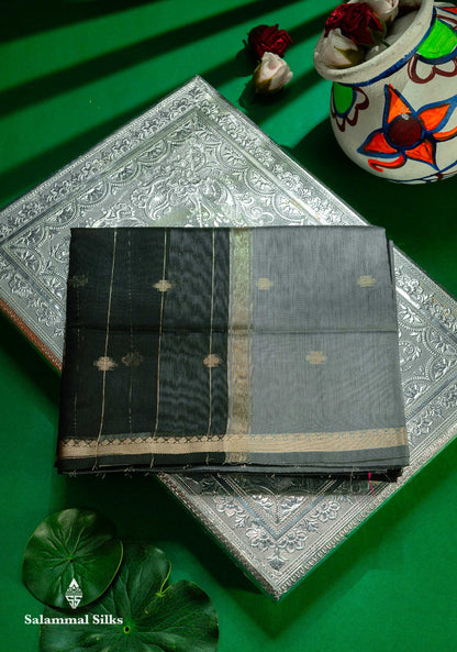 Beautiful Light Grey Stripes With Butta Maheshwar Cotton Saree With Contrast Black Blouse