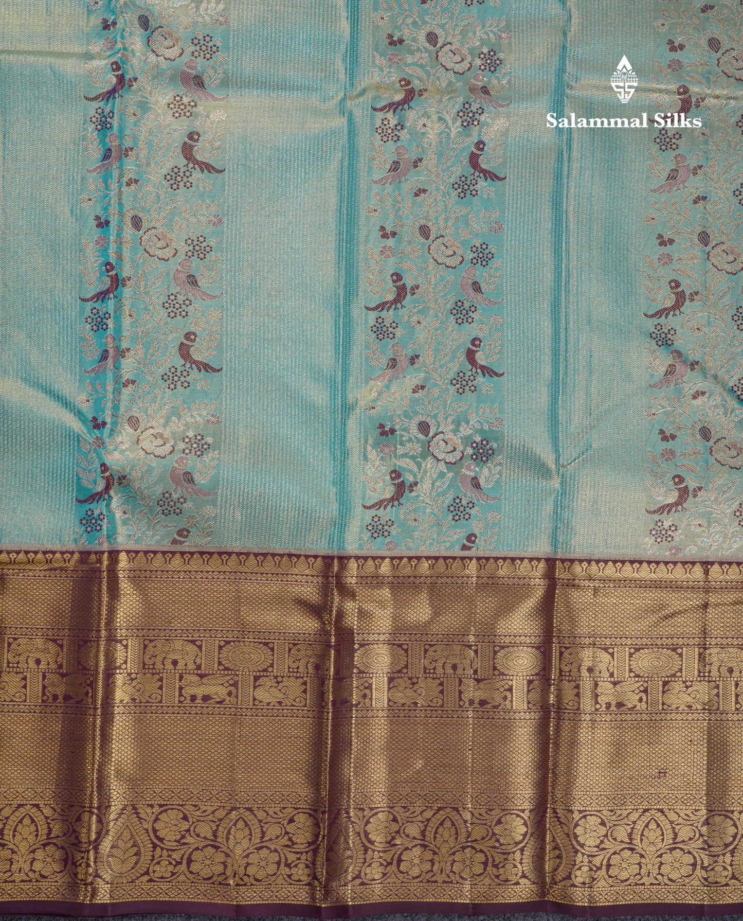 Beautiful Pastel Blue Tissue Menakari Work Bridal Pure Kanjivaram Silk Saree With Contrast Dark Violet Traditional Border