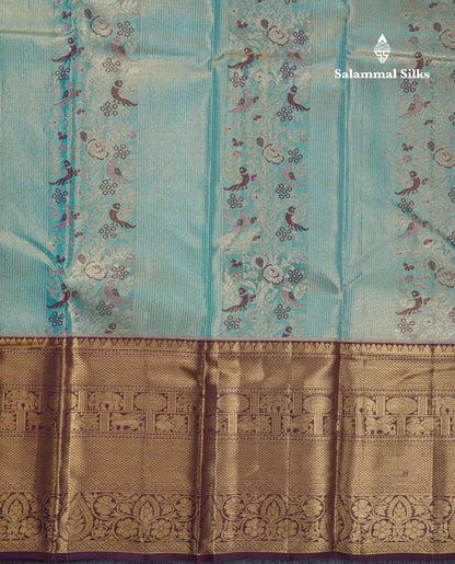 Beautiful Pastel Blue Tissue Menakari Work Bridal Pure Kanjivaram Silk Saree With Contrast Dark Violet Traditional Border