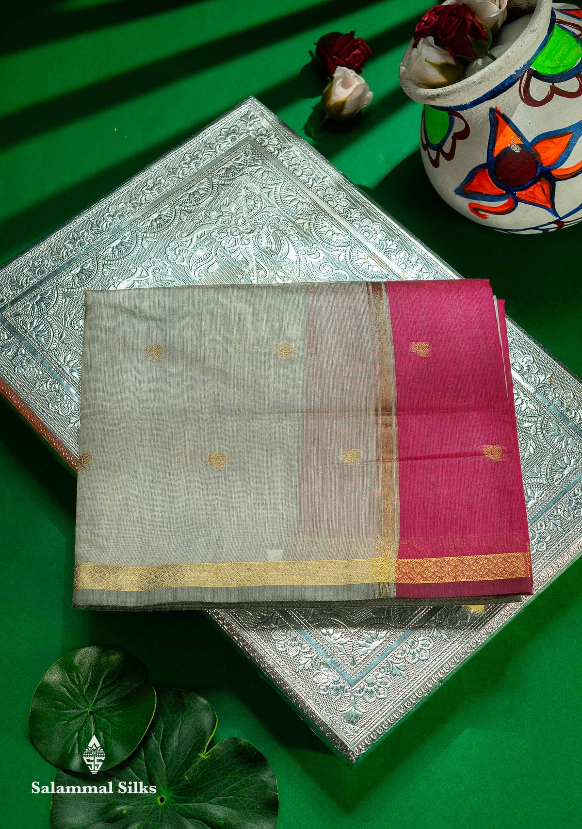 Beautiful Cream Grey Maheshwar Cotton Saree With Contrast Pink Blouse
