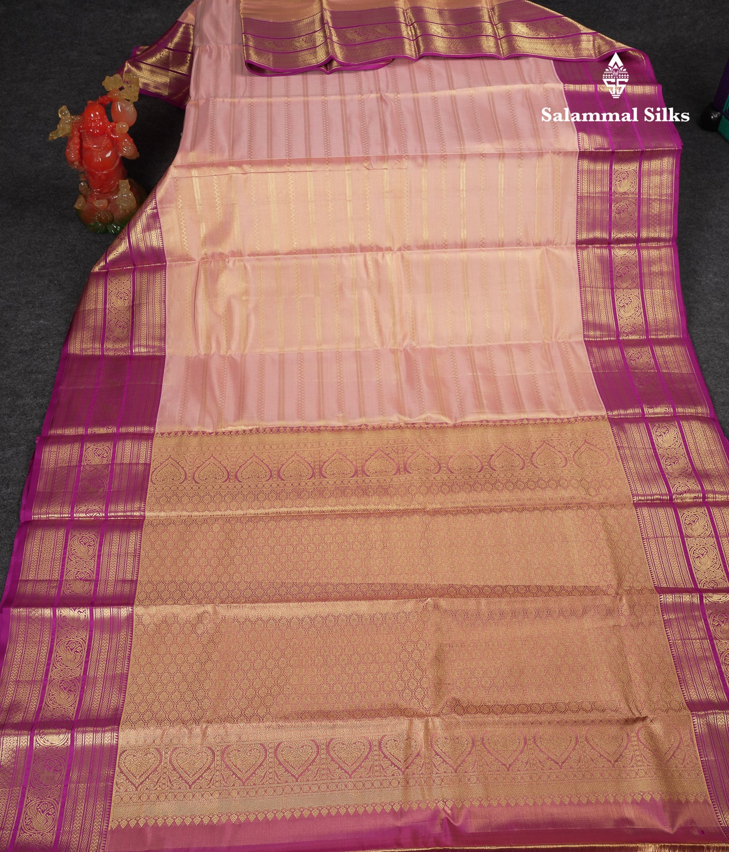 Beautiful Peach Tissue Bridal Pure Kanjivaram Silk Saree With Contrast Vadamalli Traditional Border