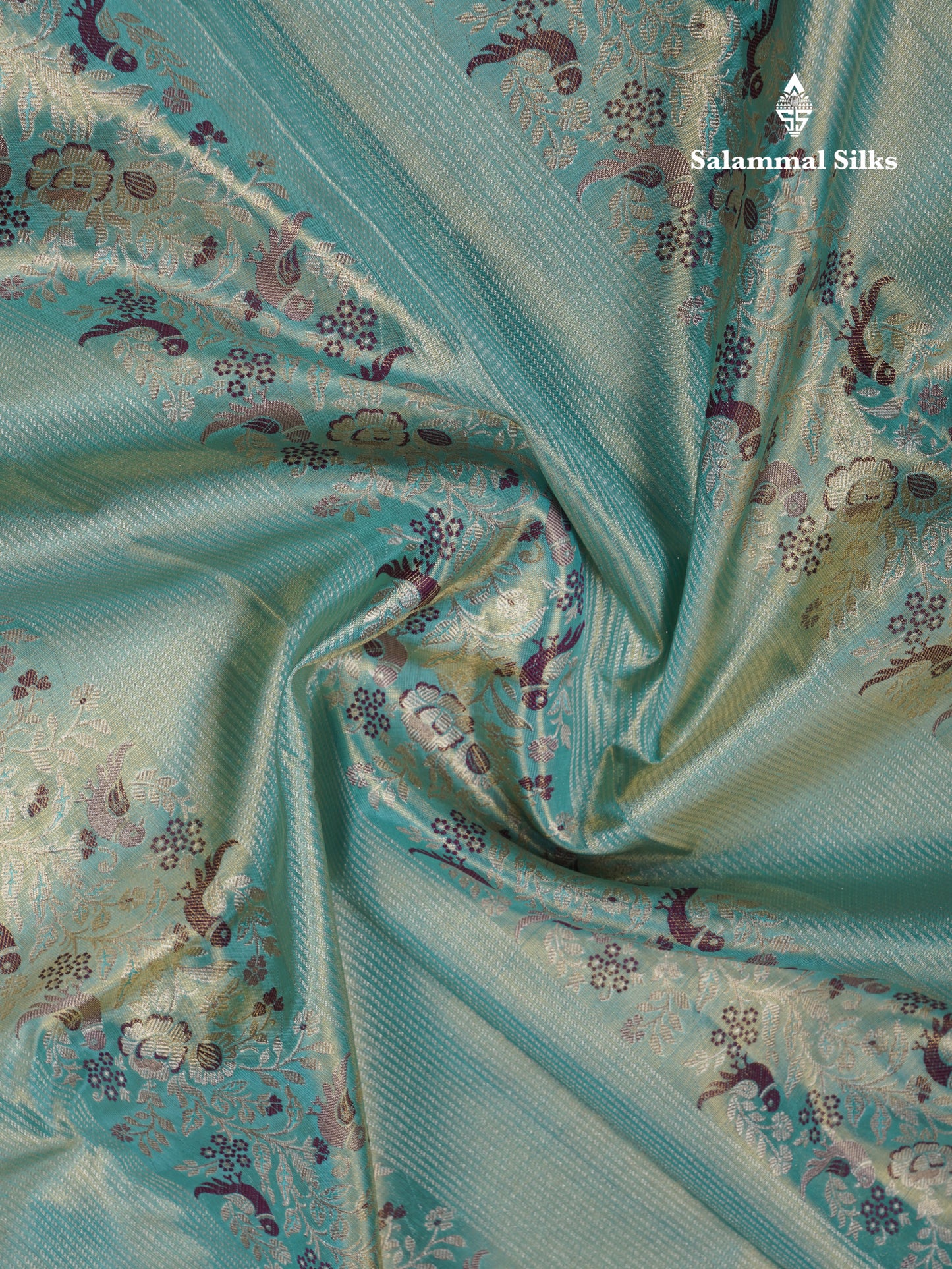 Beautiful Pastel Blue Tissue Menakari Work Bridal Pure Kanjivaram Silk Saree With Contrast Dark Violet Traditional Border