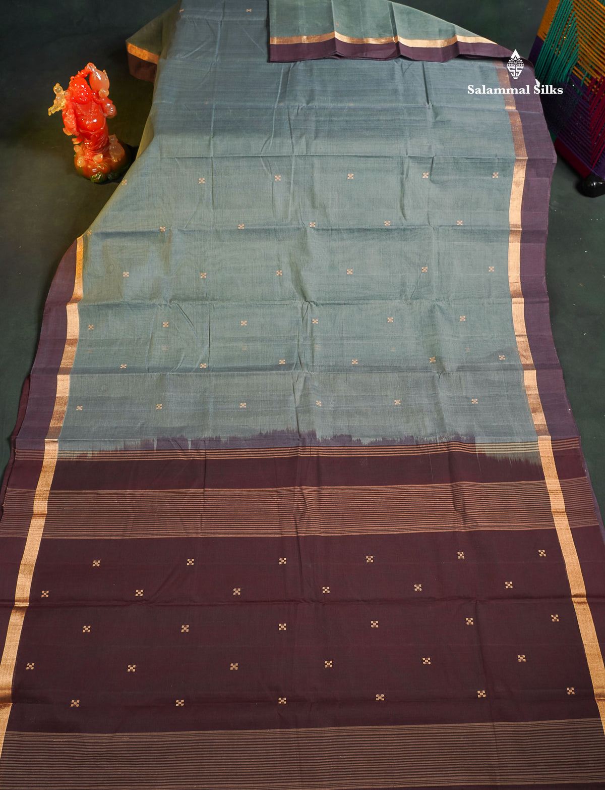 Handloom Pure Cotton Saree - Blueish Grey Colour Body With Contrast Dark Brown Blouse 