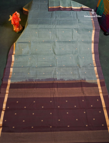 Handloom Pure Cotton Saree - Blueish Grey Colour Body With Contrast Dark Brown Blouse 