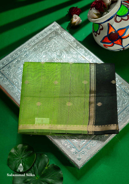 Beautiful Light Grey Stripes With Butta Maheshwar Cotton Saree With Contrast Black Blouse