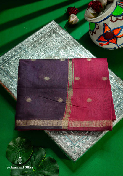 Beautiful Grey Zari Butta Maheshwar Cotton Saree With Contrast Manthulir Green Blouse