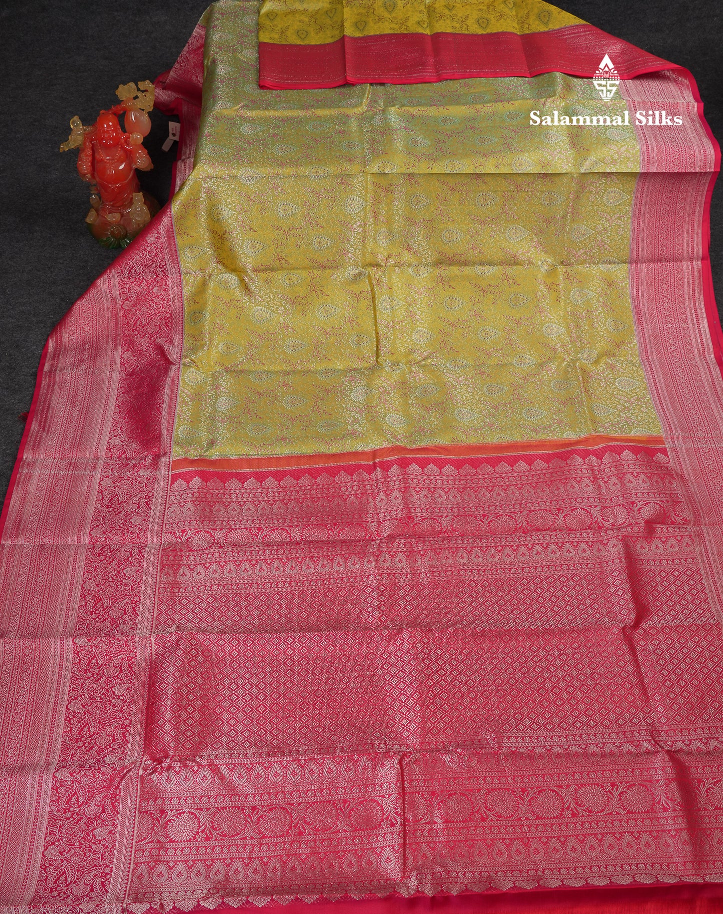 Beautiful Manthulir Yellow Bridal Pure Kanjivaram Silk Saree With Contrast Pink Traditional Evening Morning Border