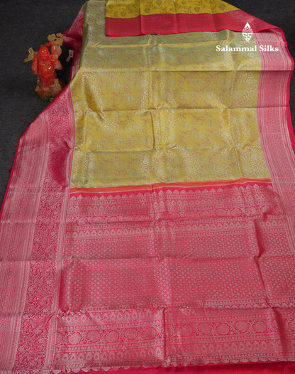 Beautiful Manthulir Yellow Bridal Pure Kanjivaram Silk Saree With Contrast Pink Traditional Evening Morning Border