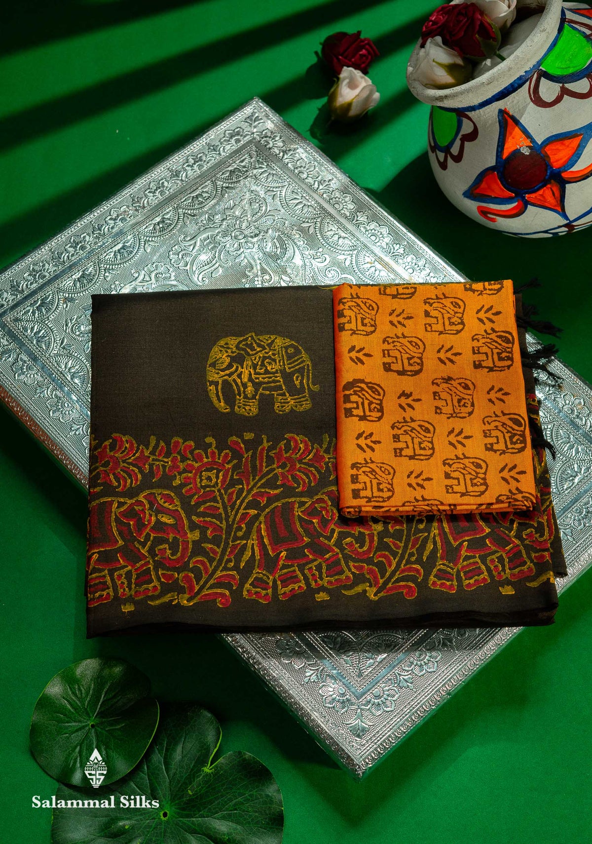 Beautiful Dark Brown Printed South Cotton Saree With Contrast Orange Blouse