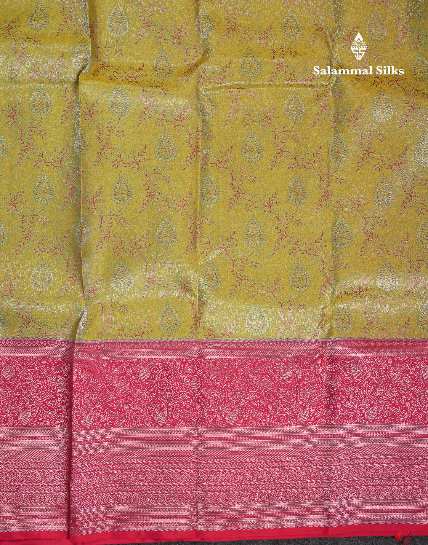 Beautiful Manthulir Yellow Bridal Pure Kanjivaram Silk Saree With Contrast Pink Traditional Evening Morning Border