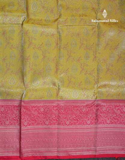 Beautiful Manthulir Yellow Bridal Pure Kanjivaram Silk Saree With Contrast Pink Traditional Evening Morning Border