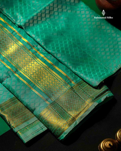 Asha Mix Dhoti With Shirt (2.50) & Angavastram - Sapphire Green With Gold Zari Border | 8×4
