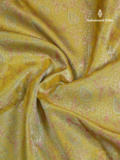 Beautiful Manthulir Yellow Bridal Pure Kanjivaram Silk Saree With Contrast Pink Traditional Evening Morning Border