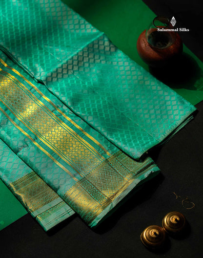 Asha Mix Dhoti With Shirt (2.50) & Angavastram - Sapphire Green With Gold Zari Border | 8×4