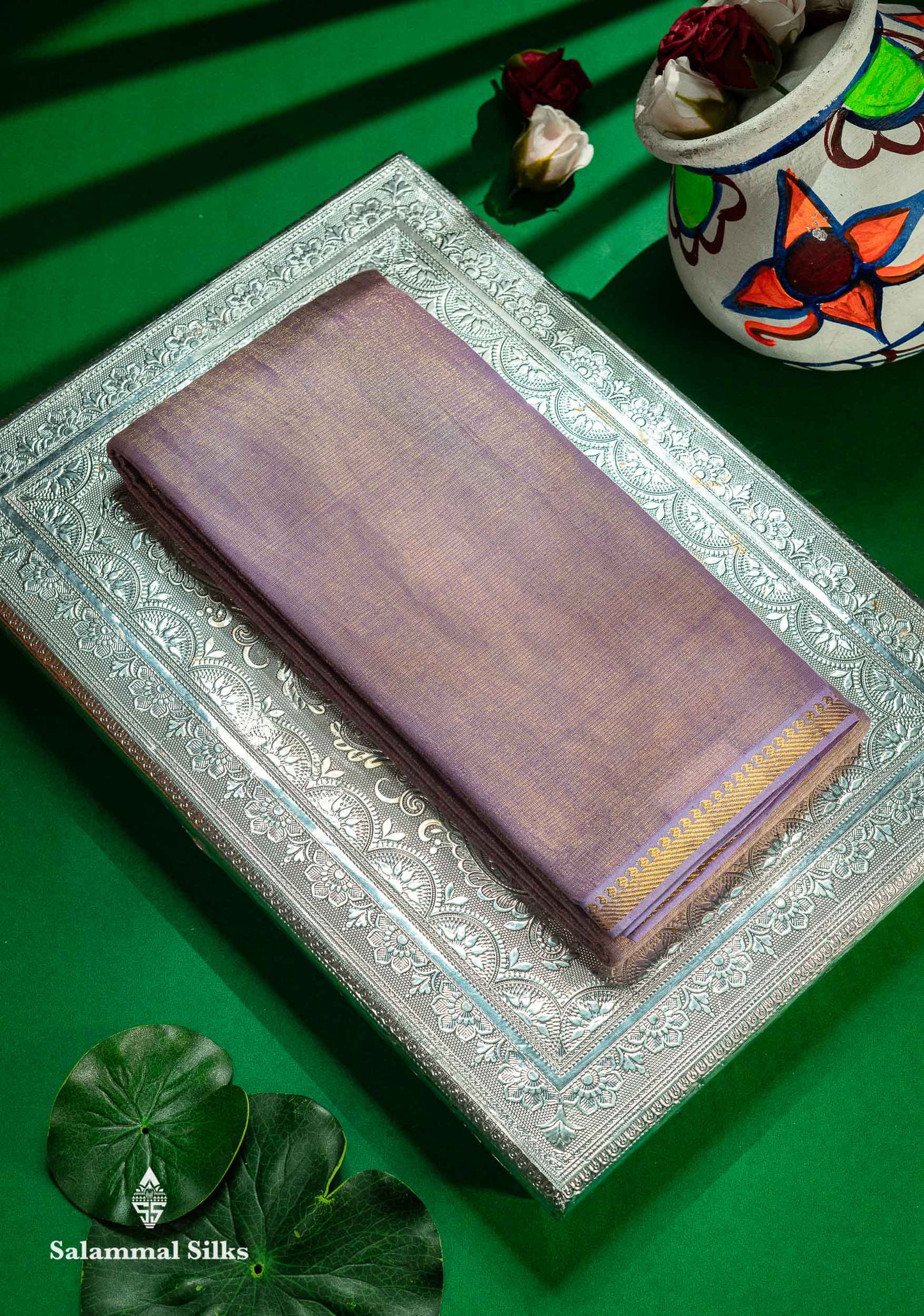 Stunning Lavender Tissue Sungudi Cotton Saree With Small Traditional Zari Border
