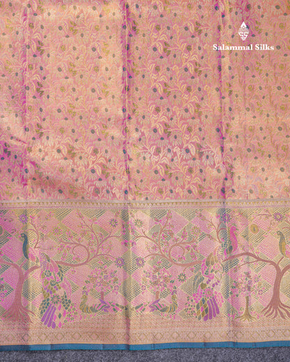 Beautiful Light Pink Tissue Menakari Work Bridal Pure Kanjivaram Silk Saree With Fancy Border