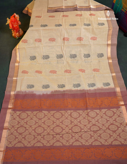 Handloom Pure Cotton Saree -  Beige Colour Body With Contrast Chocolate Brown Blouse