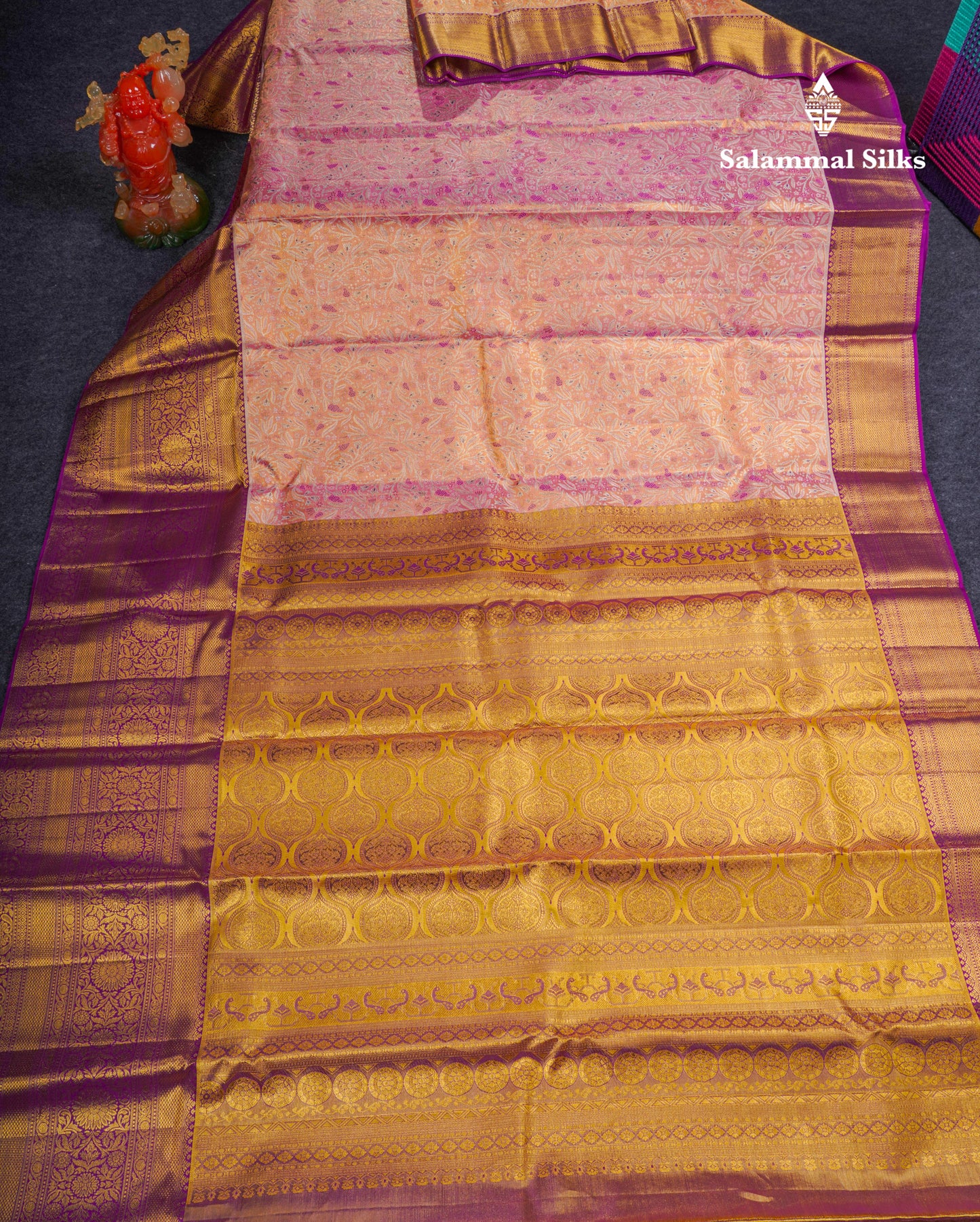 Beautiful Light Pink Tissue Bridal Pure Kanjivaram Silk Saree With Contrast Vadamalli Traditional Evening Morning Border