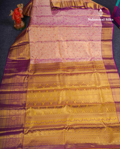 Beautiful Light Pink Tissue Bridal Pure Kanjivaram Silk Saree With Contrast Vadamalli Traditional Evening Morning Border