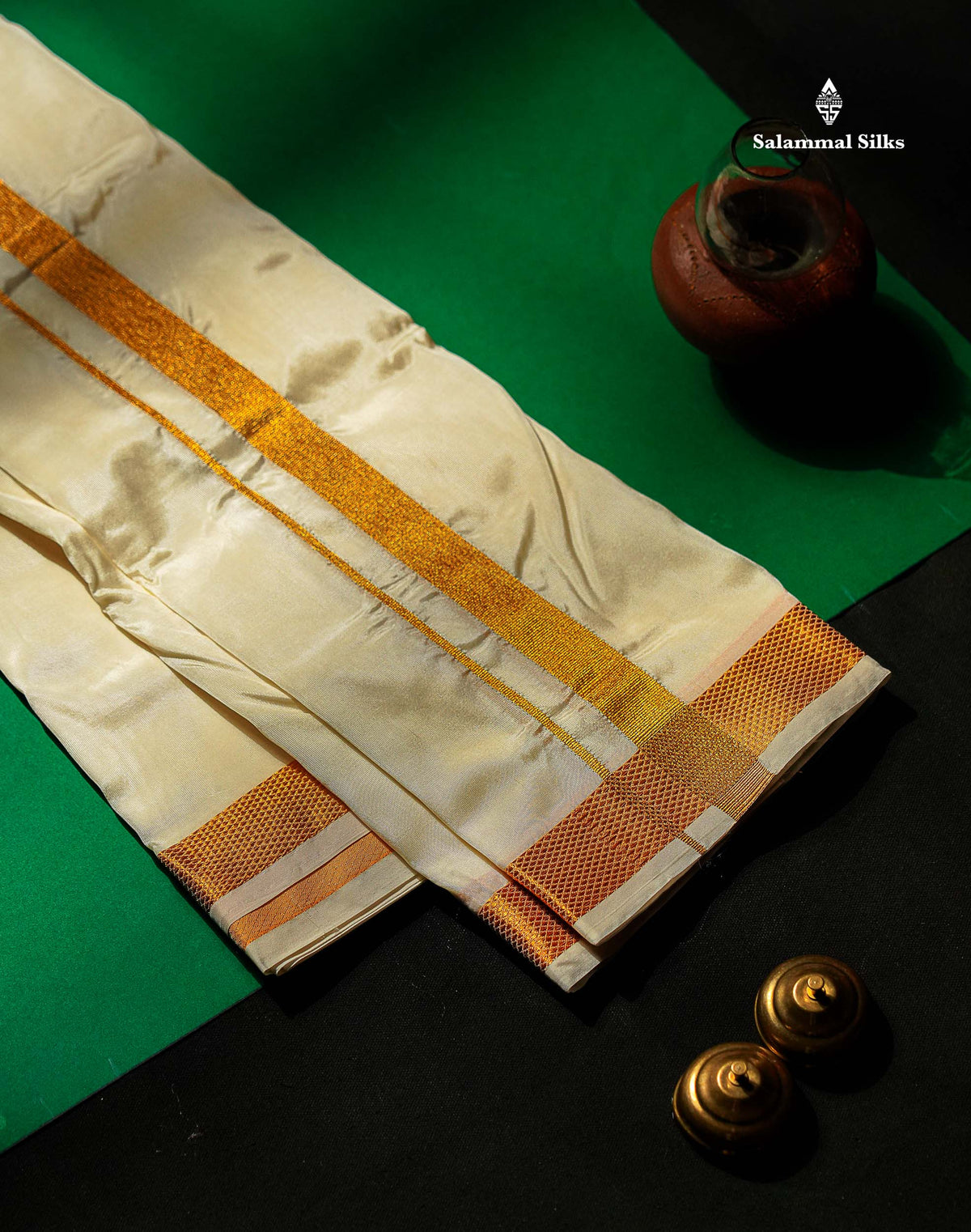 Beautiful Cream White Asha Mix (8x4) Dhoti With Gold Zari Border