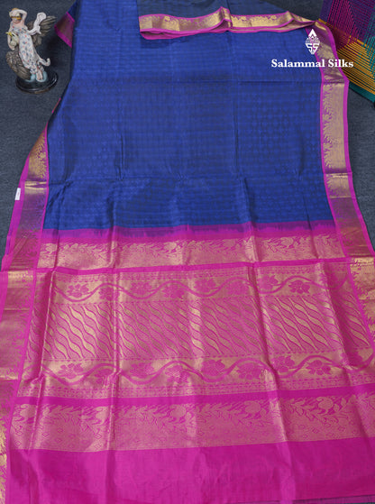 Royal Blue Pure Silk Cotton Saree With Contrast Magenta Pink Blouse