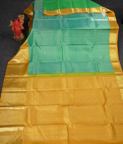 Beautiful Sapphire Green Bridal Pure Kanjivaram Silk Saree With Contrast Yellow Traditional Evening Morning Border