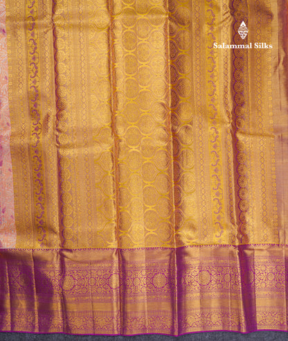 Beautiful Light Pink Tissue Bridal Pure Kanjivaram Silk Saree With Contrast Vadamalli Traditional Evening Morning Border